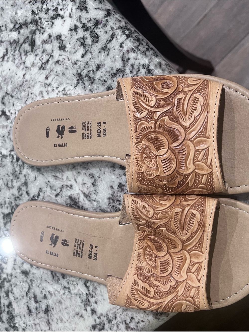 Women's Tan Leather Floral Slide Sandals